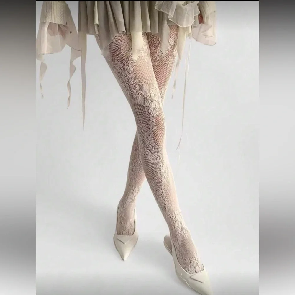 Floral stockings net mesh Elegant Lace Patterned Tights - Cream